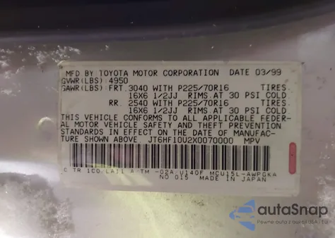 1999 Lexus Rx 300 from USA, damaged, VIN JT6HF10U2X0070000
